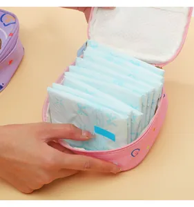 Close-up of portable sanitary napkin storage bag showing large capacity with net pocket.