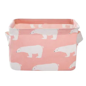Panier de rangement en tissu rose pliable avec motif d'ours polaire et poignées