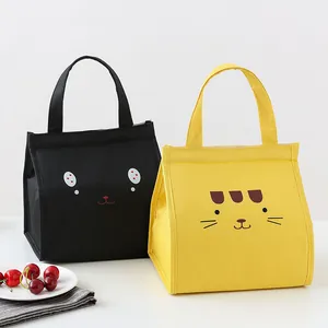 Portable insulated Oxford cloth lunch bags with cute cat patterns in black and yellow.