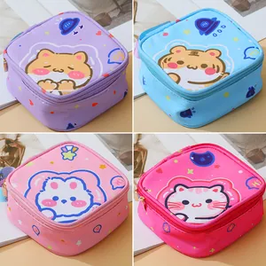 Portable cute cartoon sanitary napkin storage bag with large capacity in four vibrant colors