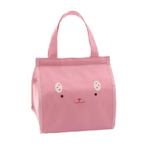 Cute pink insulated lunch bag with rabbit face design, Oxford fabric for food storage