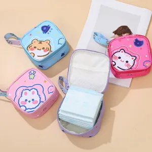 Cute portable sanitary napkin storage bags in various colors with adorable animal designs