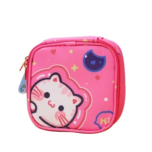 Cute pink portable sanitary napkin storage pouch with kawaii cat cartoon illustration