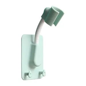Universal adjustable punch-free shower head holder with two storage hooks in mint green finish