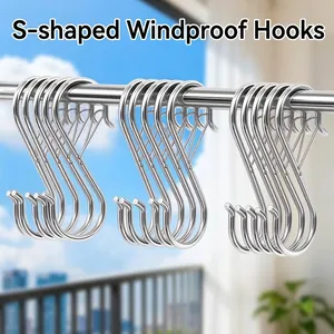 Windproof Stainless Steel S Shaped Utility Hooks Heavy Duty Hanging Hooks With Safety Buckle Clasp For Kitchen Closet Balcony