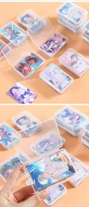 Close-up detail of transparent mini card storage box with lid showing content capacity