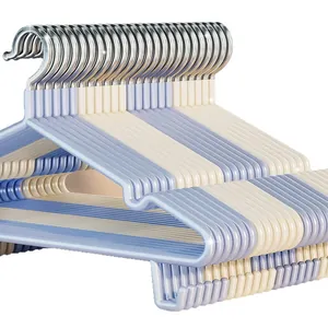 Non-slip heavy duty clothes hangers in blue and cream with metal hooks for closets