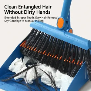 Blue broom and dustpan set with integrated hair scraping teeth for easy home cleaning