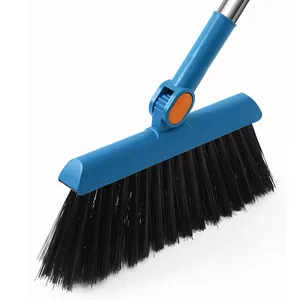 Durable blue home broom with adjustable 180-degree rotating head and dense black bristles