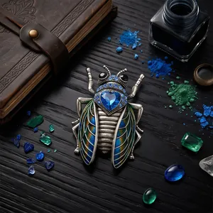 Spilla a scarafaggio vintage con gemma a cuore blu e strass su tavolo di legno scuro