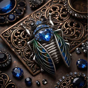 Elegante spilla a scarabeo vintage con cristallo blu a forma di cuore e ali colorate.