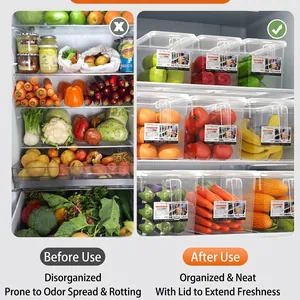 Food-grade refrigerator organizer bins for fruits and vegetables before and after.