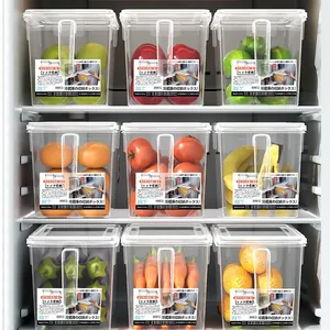Set of clear food-grade refrigerator storage bins with handles for vegetable organization.
