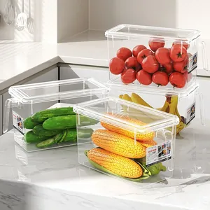 Set of large clear food storage containers with lids and handles for fridge organization