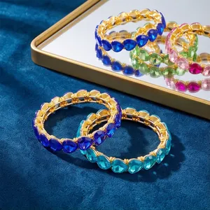 Colorful Heart Shape Acrylic Crystal Elastic Bracelet With Electroplated Alloy Frame Stretch Fashion Jewelry For Women Daily Wear