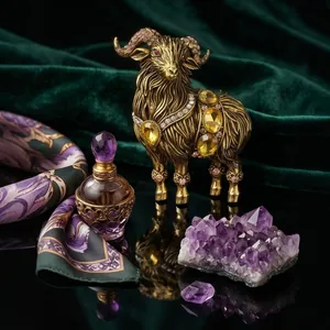 Vintage gold alloy ram brooch with sparkling rhinestones and yellow gemstones