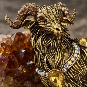 Vintage bronze alloy ram brooch with sparkling crystal and rhinestone embellishments