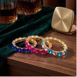 Fashionable heart-shaped elastic bracelets with colorful acrylic crystals set in gold alloy