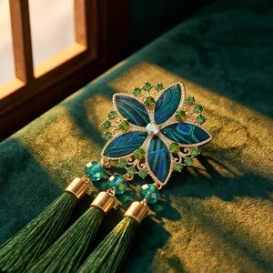 Elegant Chinese style floral brooch with green silk tassels for Hanfu dress accessories