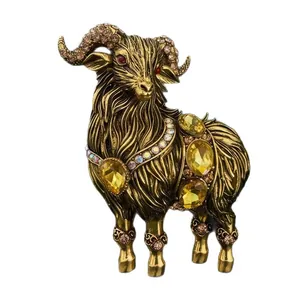 Vintage alloy ram brooch with yellow gemstones and rhinestones for coats and scarves