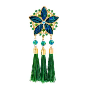 Vintage Chinese style gold flower brooch with green silk tassels and crystals for Hanfu