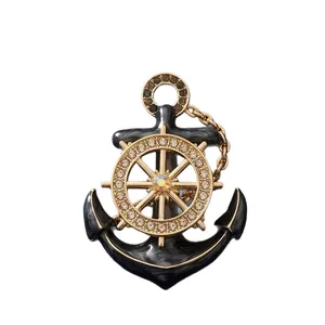 Vintage nautical anchor brooch with rhinestone ship wheel for women's suits