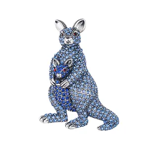 Exquisite sparkling blue rhinestone kangaroo mother and baby brooch animal lapel pin