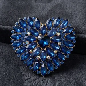 Luxury blue crystal heart brooch for women with elegant vintage style rhinestone pin
