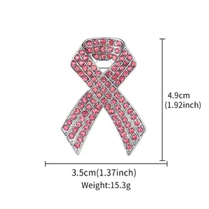 Detailed measurements of a pink rhinestone awareness ribbon brooch showing 4.9cm height