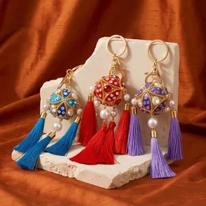 Chinese Ethnic Guochao Embroidered Ball Tassel Keychain Vintage Zinc Alloy Rhinestone Artificial Pearl Bag Charm Pendant Decoration