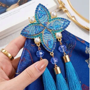Elegant blue embroidered tassel brooch in New Chinese style for ethnic cheongsam dresses