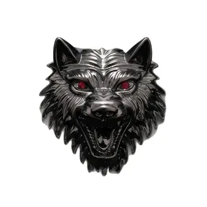 Vintage metallic wolf head brooch pin for men with snarling expression and red eyes