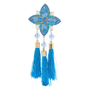 Elegant Chinese style blue embroidered tassel brooch with rhinestones and pearls