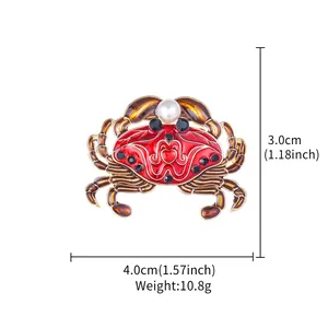 Exquisite red enamel crab brooch with pearl detail showing dimensions and weight info