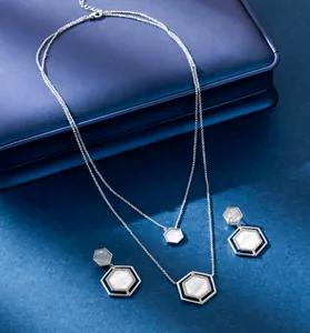 Detailed view of hexagonal stainless steel necklace and earring set with shell inlay