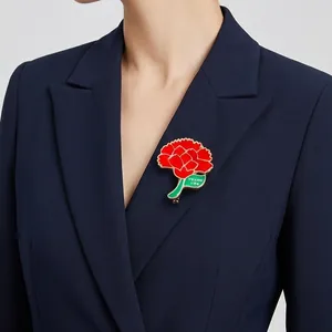 Elegant red carnation enamel flower brooch pin for Mother's Day gift on navy lapel