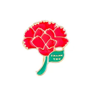 Red carnation enamel brooch with 'Thank You' text, ideal for Mother's Day gift.