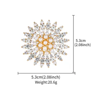 Detailed view of pearl sunflower brooch with dimensions 5.3cm and 20.6g weight info