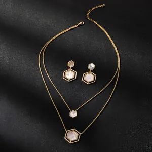 Niche Design Geometric Hexagon Titanium Steel Jewelry Set For Women With Mother Of Pearl Zirconia Necklace And Earrings