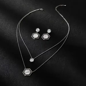 Elegant hexagonal shell inlay necklace and earrings set in titanium steel for women jewelry