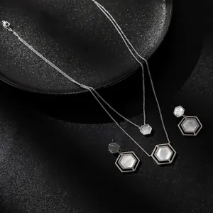 Elegant silver-tone hexagonal titanium steel necklace and earrings jewelry set for women