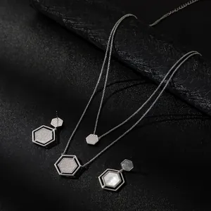 Elegant silver hexagonal titanium steel jewelry set with double layer necklace for women