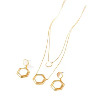Elegant gold hexagonal titanium steel jewelry set with double layer necklace and earrings.