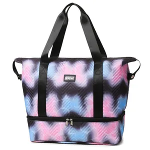 Expandable travel gym bag with pink blue gradient chevron quilted pattern