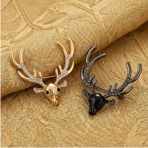 Elegant stag head brooches with rhinestones for men's suits, gold and black finish.