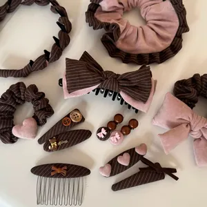 Fabric Pink Coffee Striped Hair Accessories Set For Women Retro Bow Knot Heart Bear Decor Hair Clip Scrunchie Hair Comb Headband