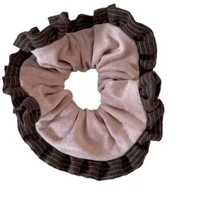 Elegant pink velvet and brown striped ruffle scrunchie for women high elasticity hair tie