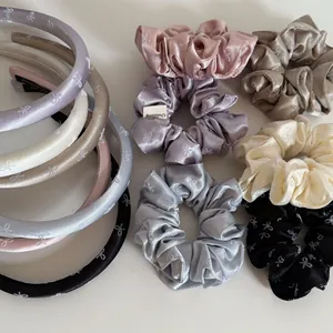 Elegant satin bow pattern headband and large scrunchie set in assorted pastel colors for hair