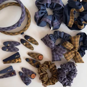 Vintage Plaid Patchwork Bow Hair Clip Scrunchie Headband For Women Retro Fabric Hair Accessories Color Block Bowknot Hair Tie