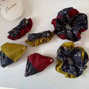Vintage floral and solid burgundy olive green hair scrunchies and bow clips set for women